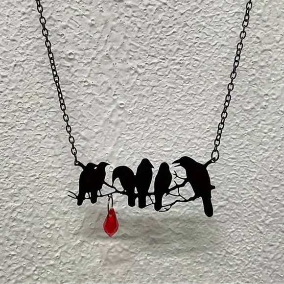 “Raven” Edgar Poe Perched Crows Birds Blood Droplet Macabre Gothic Grim Necklace - Picture 13 of 16